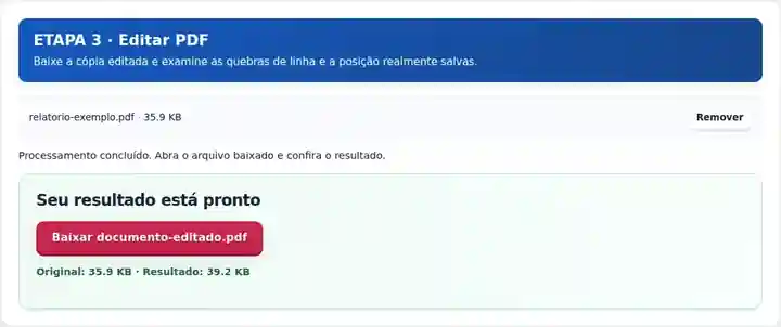 Editar PDF, etapa 3: Baixe a cópia editada e examine as quebras de linha e a posição realmente salvas.