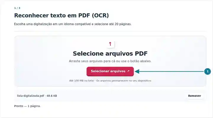 Reconhecer texto em PDF (OCR), etapa 1: Escolha uma digitalização em um idioma compatível e selecione até 20 páginas.