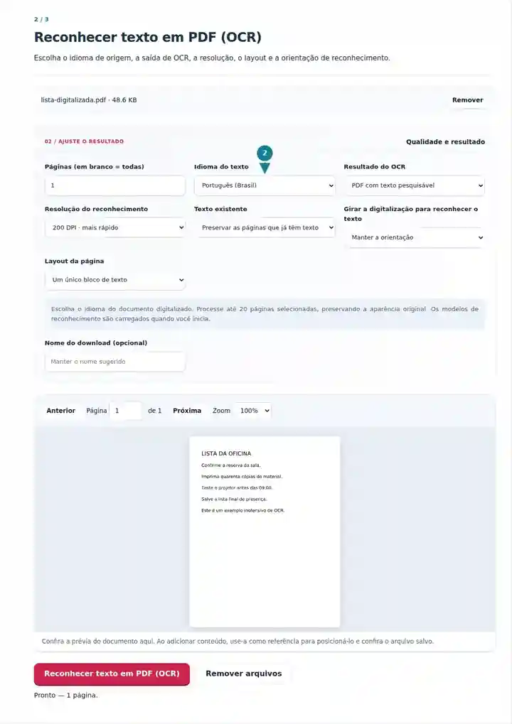 Reconhecer texto em PDF (OCR), etapa 2: Escolha o idioma de origem, a saída de OCR, a resolução, o layout e a orientação de reconhecimento.