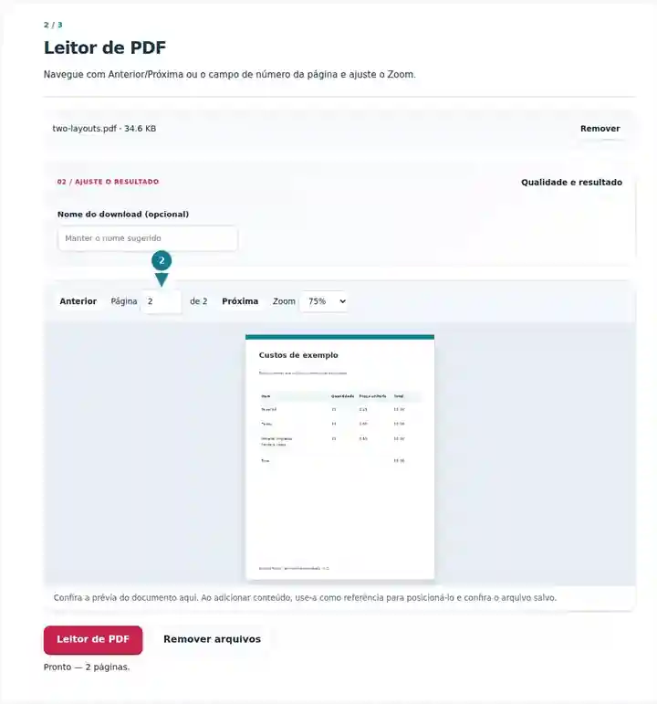 Leitor de PDF, etapa 2: Navegue com Anterior/Próxima ou o campo de número da página e ajuste o Zoom.