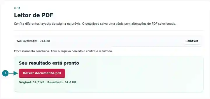 Leitor de PDF, etapa 3: Confira diferentes layouts de página na prévia. O download salva uma cópia sem alterações do PDF selecionado.