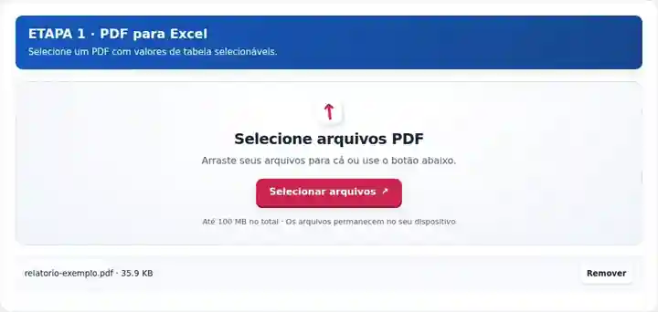 PDF para Excel, etapa 1: Selecione um PDF com valores de tabela selecionáveis.