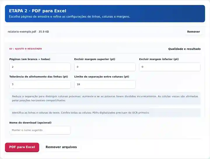 PDF para Excel, etapa 2: Escolha páginas de amostra e refine as configurações de linhas, colunas e margens.