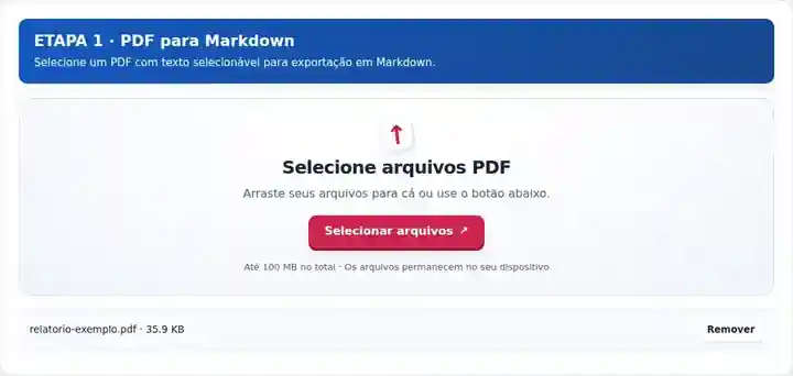 PDF para Markdown, etapa 1: Selecione um PDF com texto selecionável para exportação em Markdown.