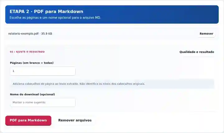 PDF para Markdown, etapa 2: Escolha as páginas e um nome opcional para o arquivo MD.
