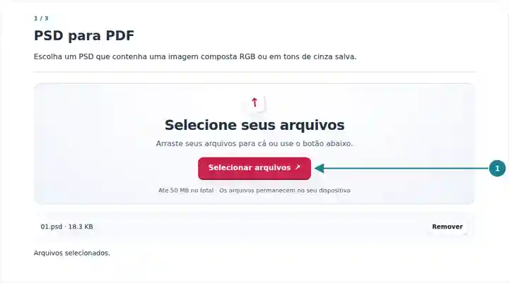 PSD para PDF: escolha de um arquivo PSD de exemplo compatível.
