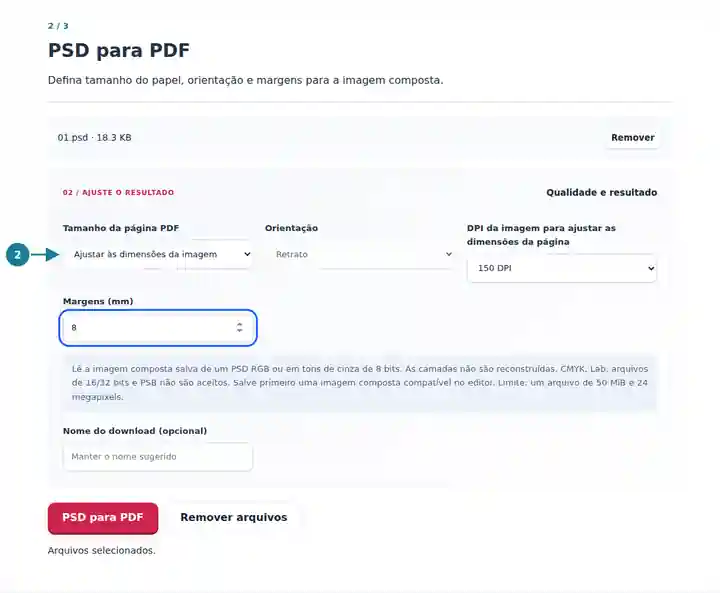 PSD para PDF: controles de tamanho do papel, orientação e margens.