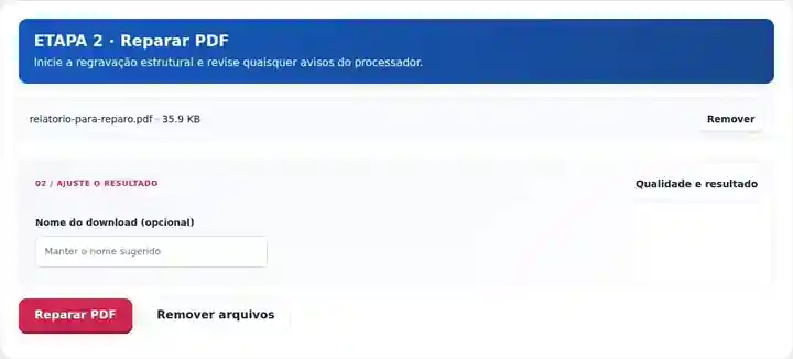 Reparar PDF, etapa 2: Inicie a regravação estrutural e revise quaisquer avisos do processador.