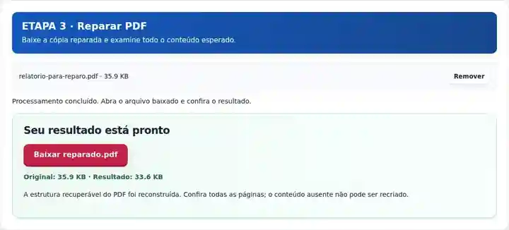 Reparar PDF, etapa 3: Baixe a cópia reparada e examine todo o conteúdo esperado.