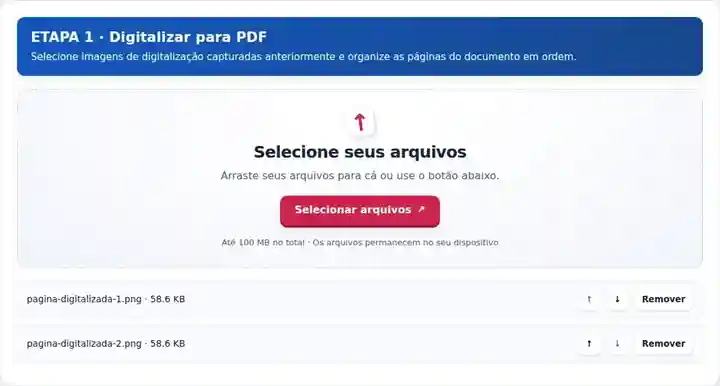 Digitalizar para PDF, etapa 1: Selecione imagens de digitalização capturadas anteriormente e organize as páginas do documento em ordem.