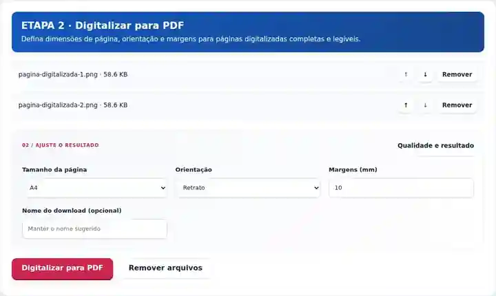 Digitalizar para PDF, etapa 2: Defina dimensões de página, orientação e margens para páginas digitalizadas completas e legíveis.
