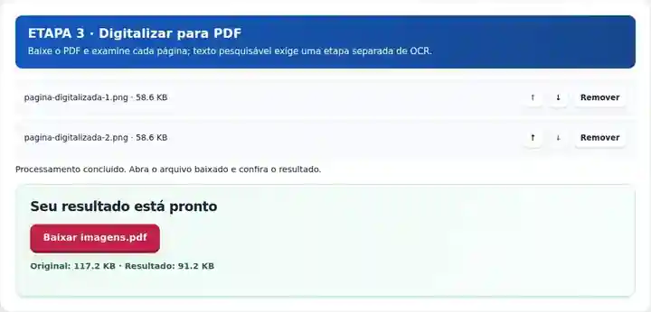 Digitalizar para PDF, etapa 3: Baixe o PDF e examine cada página; texto pesquisável exige uma etapa separada de OCR.