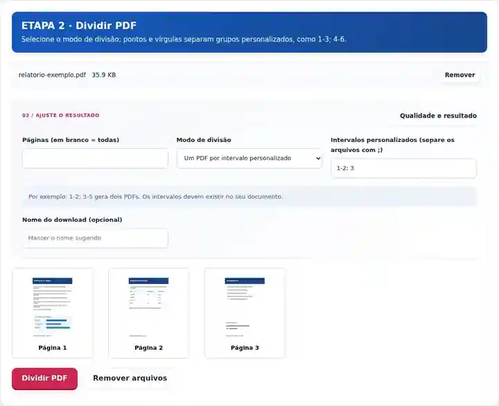 Dividir PDF, etapa 2: Selecione o modo de divisão; pontos e vírgulas separam grupos personalizados, como 1-3; 4-6.
