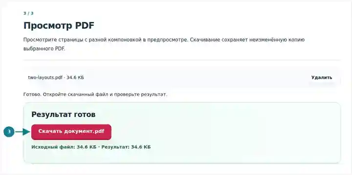 Просмотр PDF, шаг 3: Просмотрите страницы с разной компоновкой в предпросмотре. Скачивание сохраняет неизменённую копию выбранного PDF.