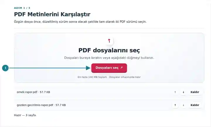PDF Metinlerini Karşılaştır, adım 1: Özgün dosya önce, düzeltilmiş sürüm sonra olacak şekilde tam olarak iki PDF sürümü seçin.