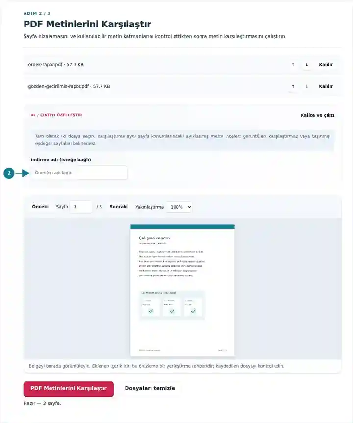 PDF Metinlerini Karşılaştır, adım 2: Sayfa hizalamasını ve kullanılabilir metin katmanlarını kontrol ettikten sonra metin karşılaştırmasını çalıştırın.