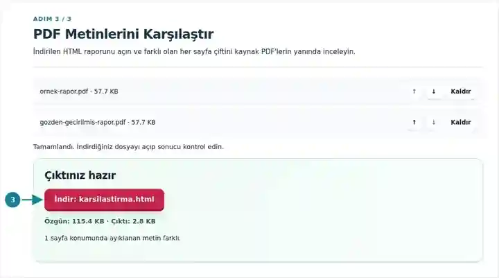 PDF Metinlerini Karşılaştır, adım 3: İndirilen HTML raporunu açın ve farklı olan her sayfa çiftini kaynak PDF'lerin yanında inceleyin.