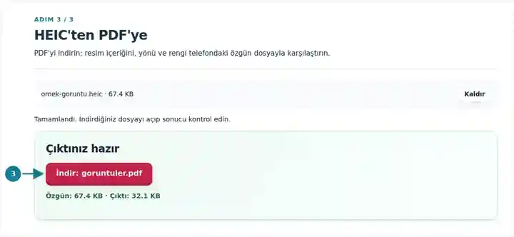 HEIC'ten PDF'ye, adım 3: PDF'yi indirin; resim içeriğini, yönü ve rengi telefondaki özgün dosyayla karşılaştırın.