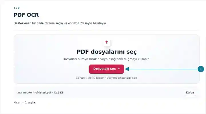 PDF OCR, adım 1: Desteklenen bir dilde tarama seçin ve en fazla 20 sayfa belirleyin.