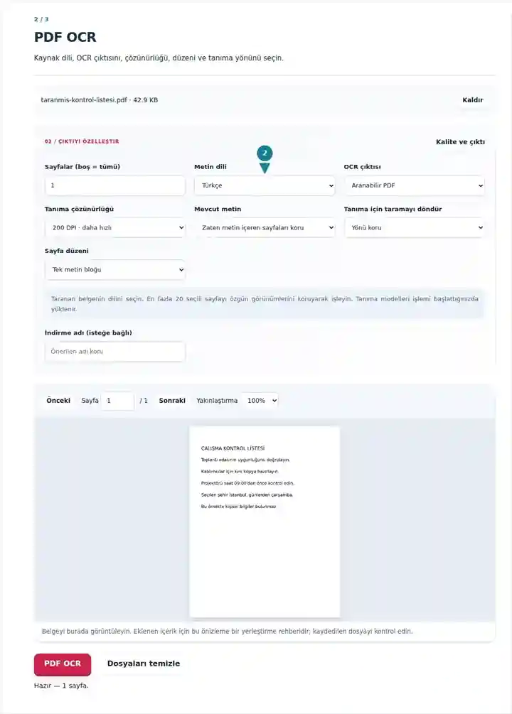 PDF OCR, adım 2: Kaynak dili, OCR çıktısını, çözünürlüğü, düzeni ve tanıma yönünü seçin.