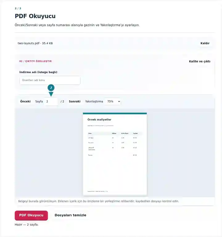 PDF Okuyucu, adım 2: Önceki/Sonraki veya sayfa numarası alanıyla gezinin ve Yakınlaştırma'yı ayarlayın.