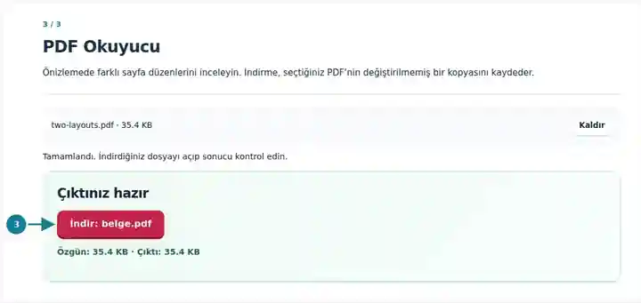 PDF Okuyucu, adım 3: Önizlemede farklı sayfa düzenlerini inceleyin. İndirme, seçtiğiniz PDF’nin değiştirilmemiş bir kopyasını kaydeder.