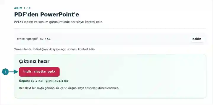 PDF'den PowerPoint'e, adım 3: PPTX'i indirin ve sunum görünümünde her slaytı kontrol edin.