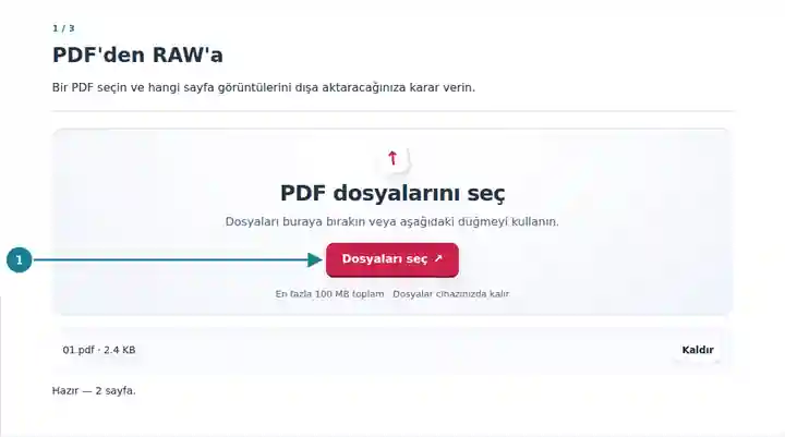 PDF'den RAW'a: örnek PDF belgesi seçimi.