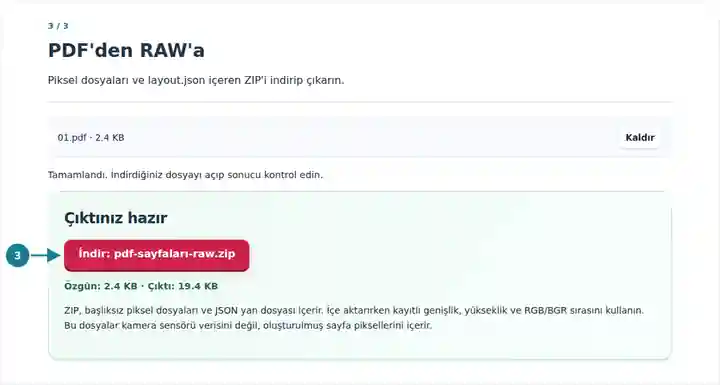 PDF'den RAW'a: düzen meta verileriyle tamamlanan ZIP indirmesi.
