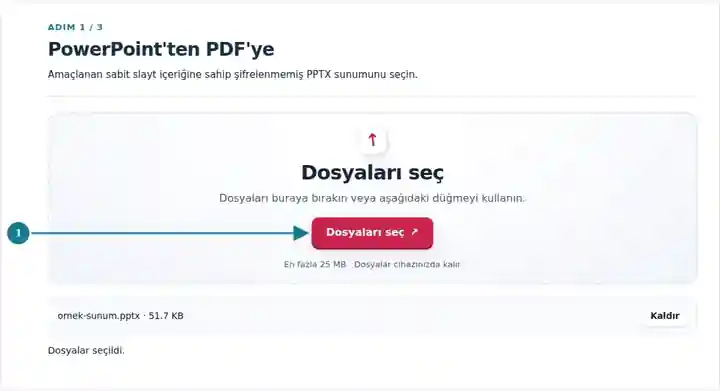 PowerPoint'ten PDF'ye, adım 1: Amaçlanan sabit slayt içeriğine sahip şifrelenmemiş PPTX sunumunu seçin.