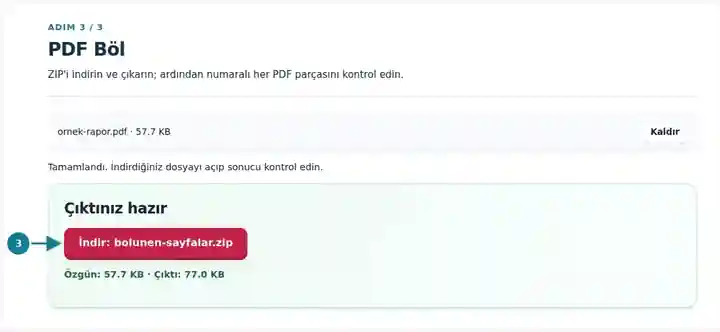 PDF Böl, adım 3: ZIP'i indirin ve çıkarın; ardından numaralı her PDF parçasını kontrol edin.